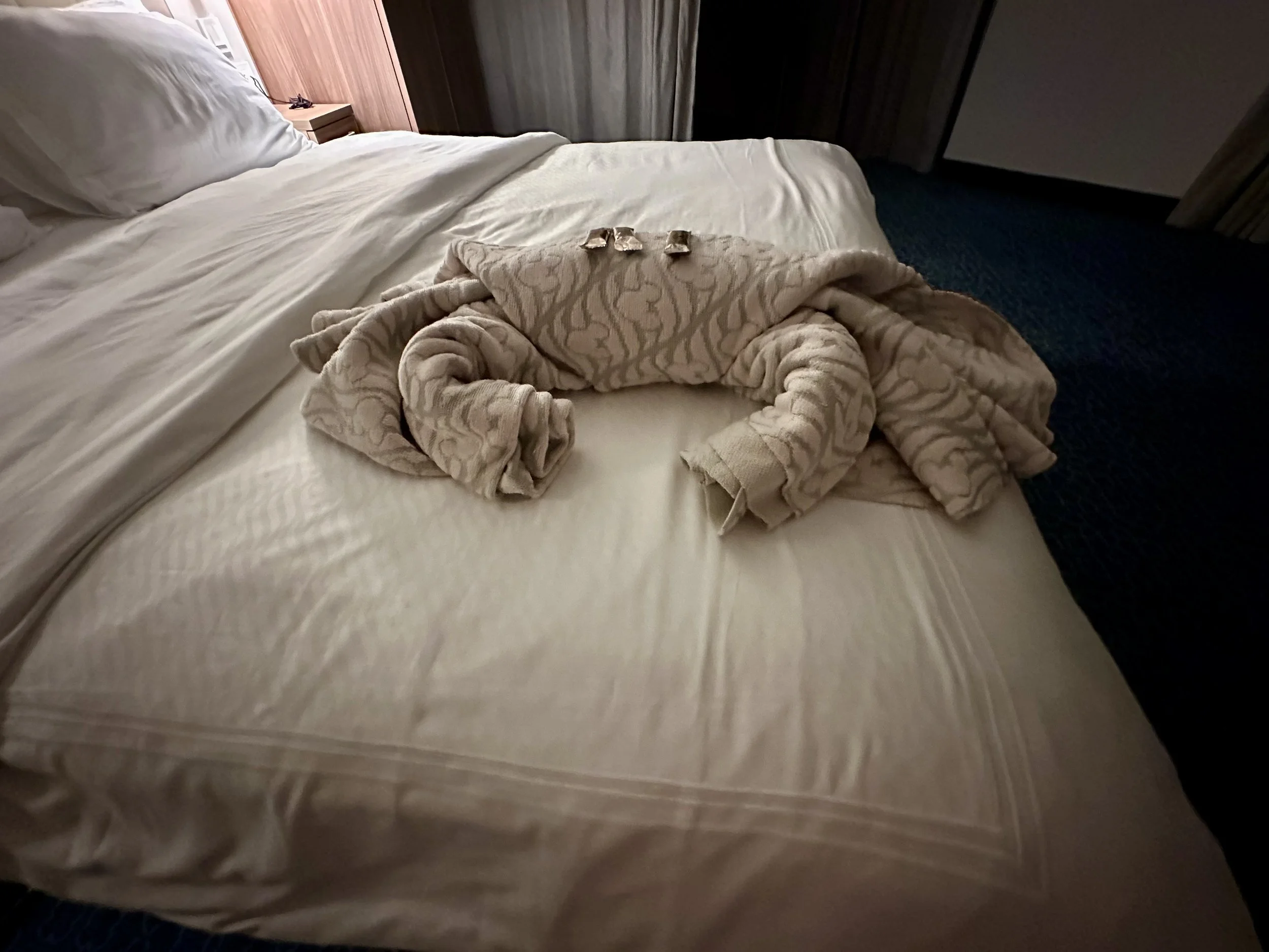 A hotel bed with white bedding and pillows, with a decorative blanket folded at the foot of the bed, and a small set of wrapped snacks or candy placed on top of the blanket.
