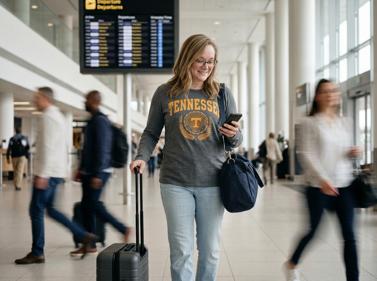 Niki Saul, owner of Together Travel, supporting Tennessee while walking through the airport terminal with her rolling suitcase, looking at her phone, with blurred travelers walking past.