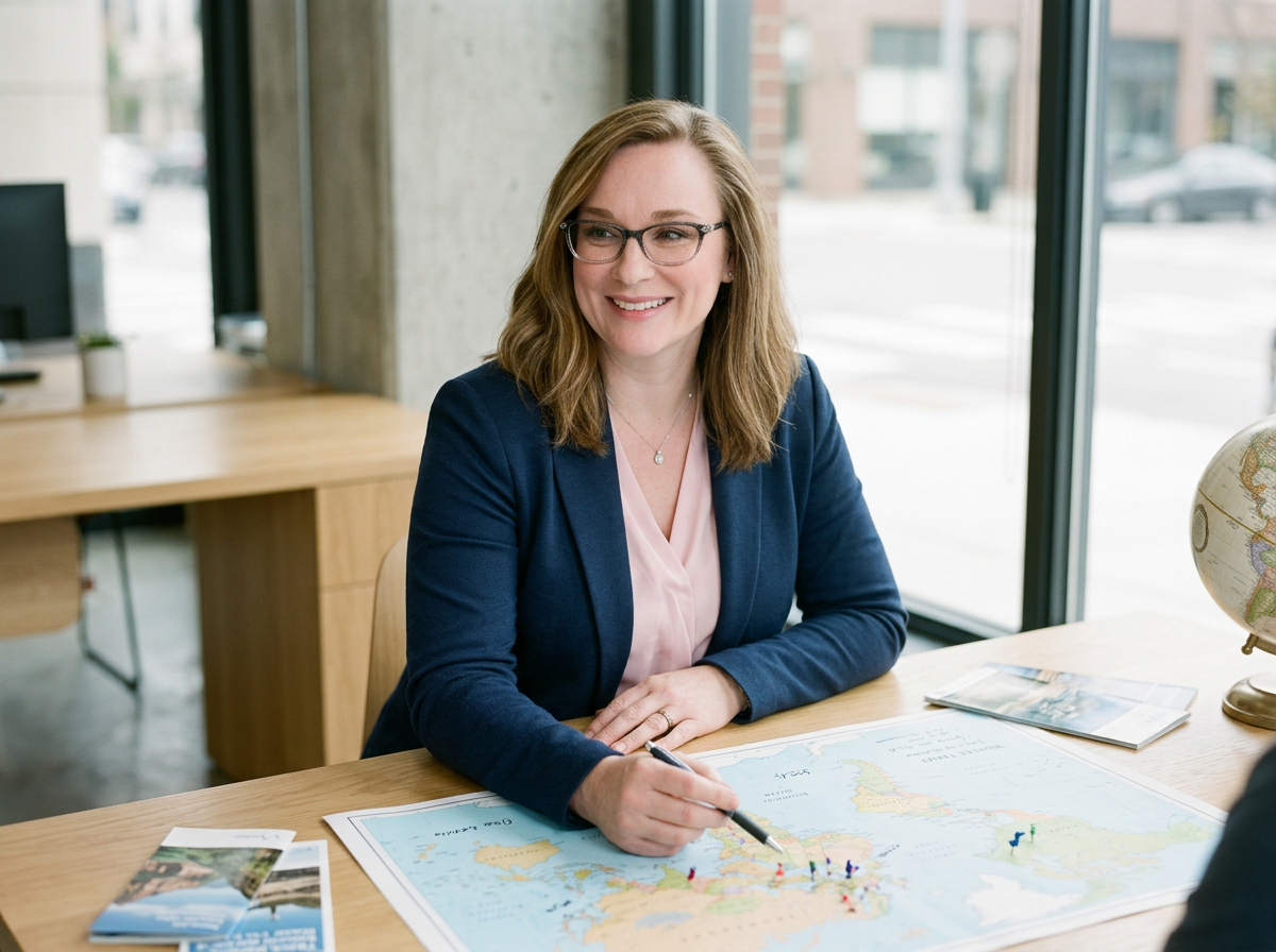 Niki Saul, owner of Together Travel sits at her desk planning her clients next vacation. She is smiling and pointing at a world map on the desk with a pen. There are travel brochures and a globe on the desk.