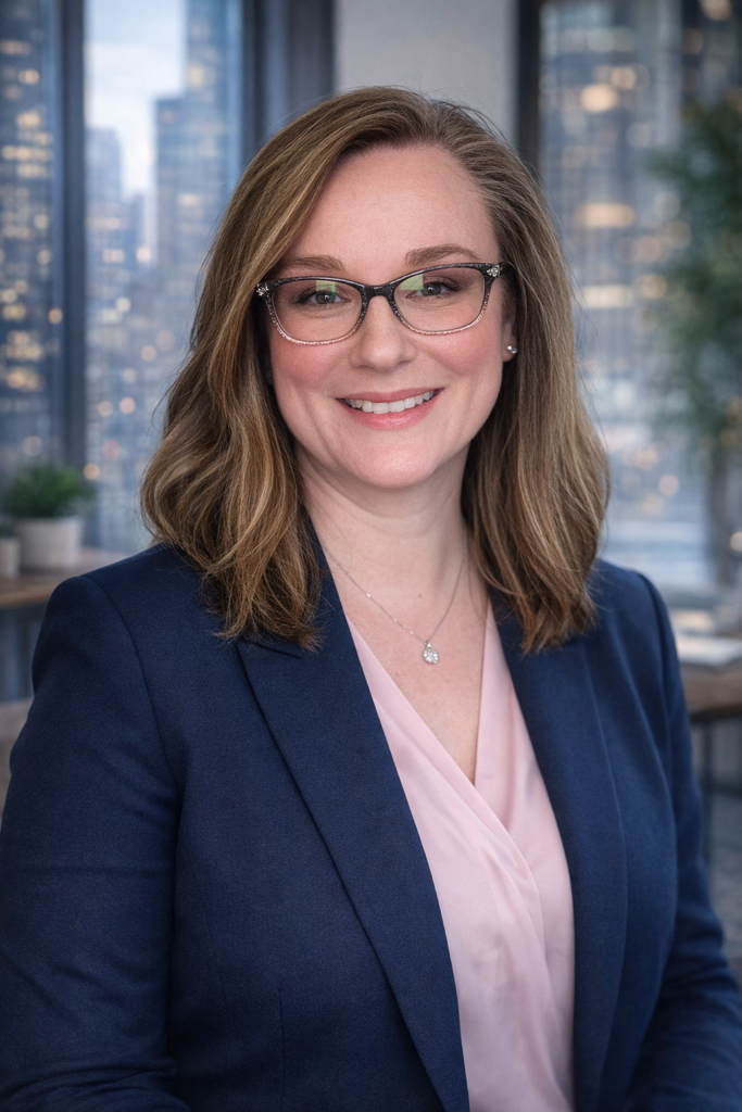 A woman with shoulder-length brown hair, glasses, and a friendly smile, wearing a navy blazer and a light pink blouse, standing in an office with large windows and a cityscape background.