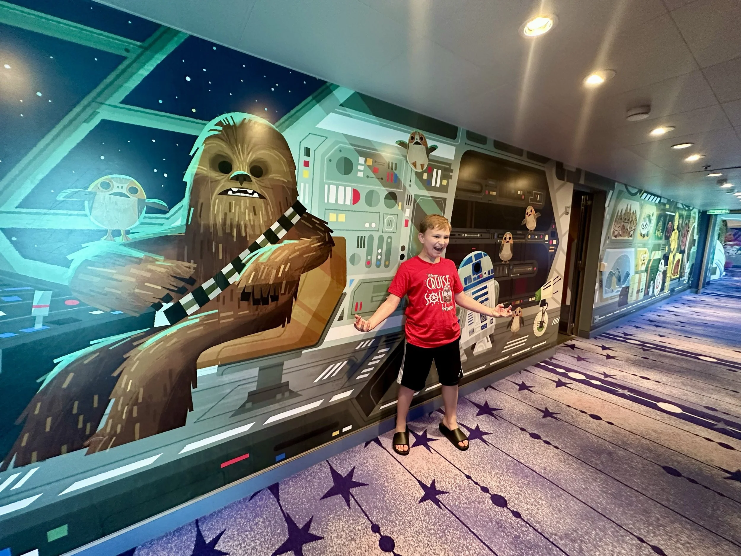 A boy standing in front of a Star Wars-themed wall mural inside a building. The mural features characters from Star Wars, including Chewbacca, a Porg, and R2-D2, with a space and spaceship background.