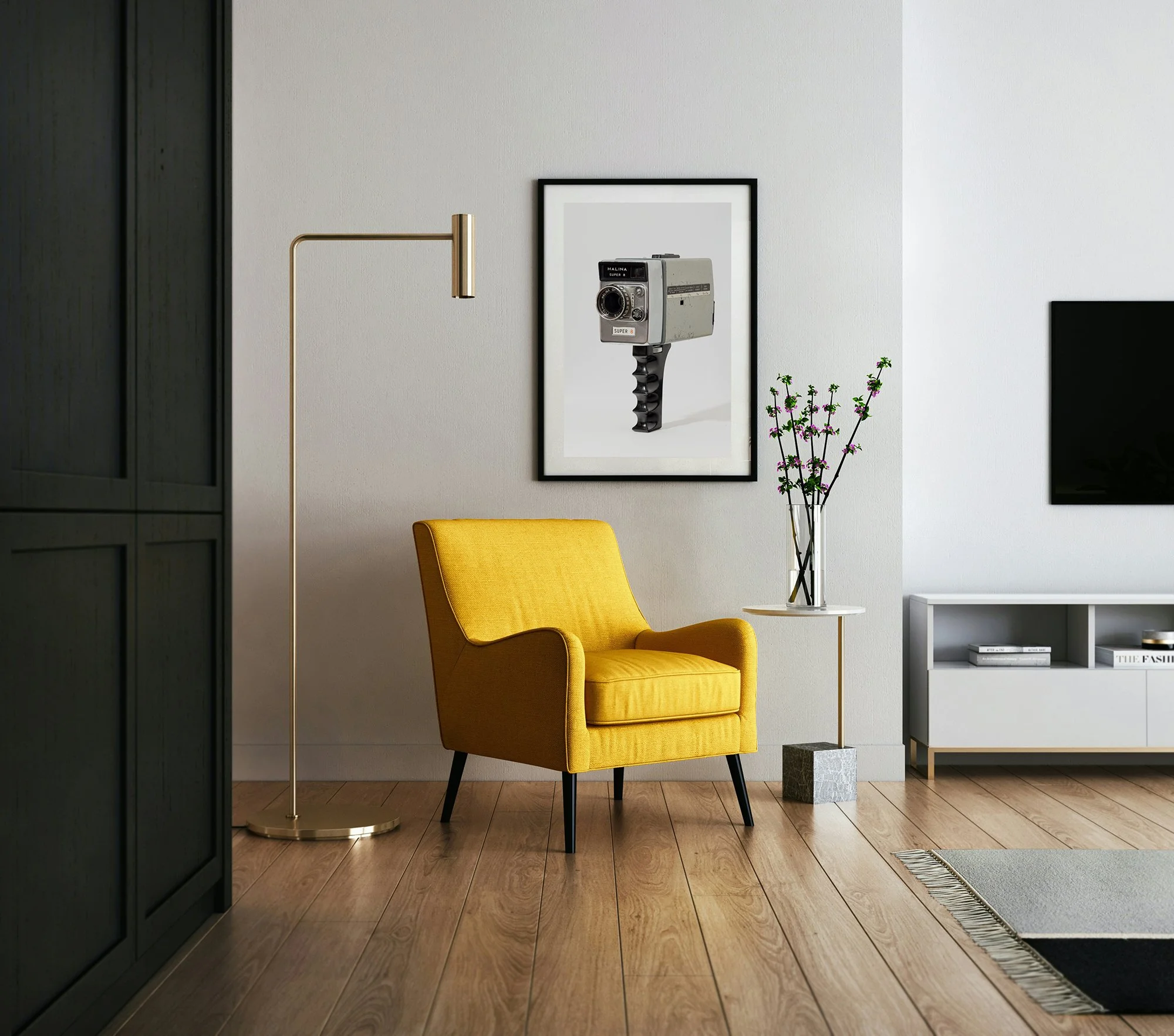 Living room with a yellow armchair, a framed photo of a vintage camera, a tall curved floor lamp, a potted plant on a small table, a white cabinet, and a wall-mounted television.