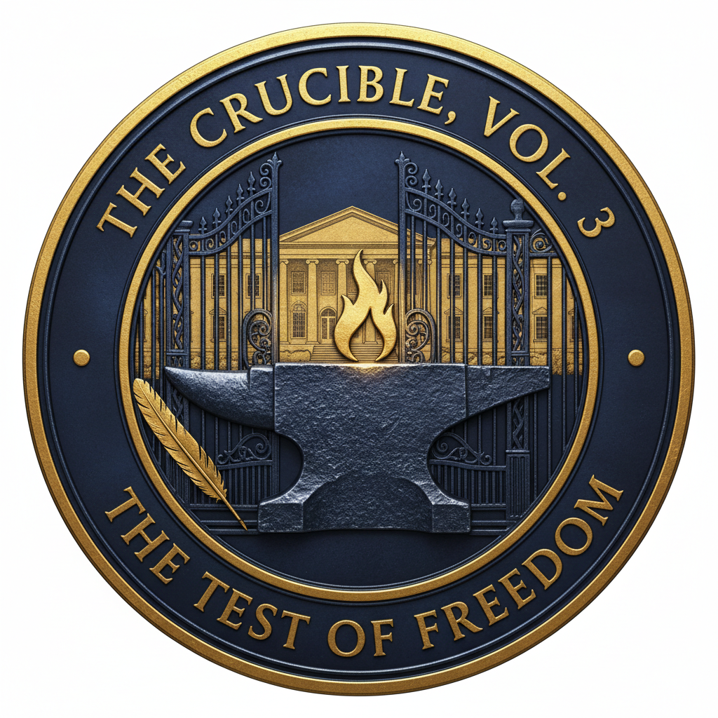 A coin with a gold border and dark background features an anvil and flame in the center, with an ornate gate behind it. The American White House is faintly visible in the background. The coin is inscribed with "The Crucible, Vol. 3" at the top and "The Test of Freedom" at the bottom, with a gold feather on the left side.