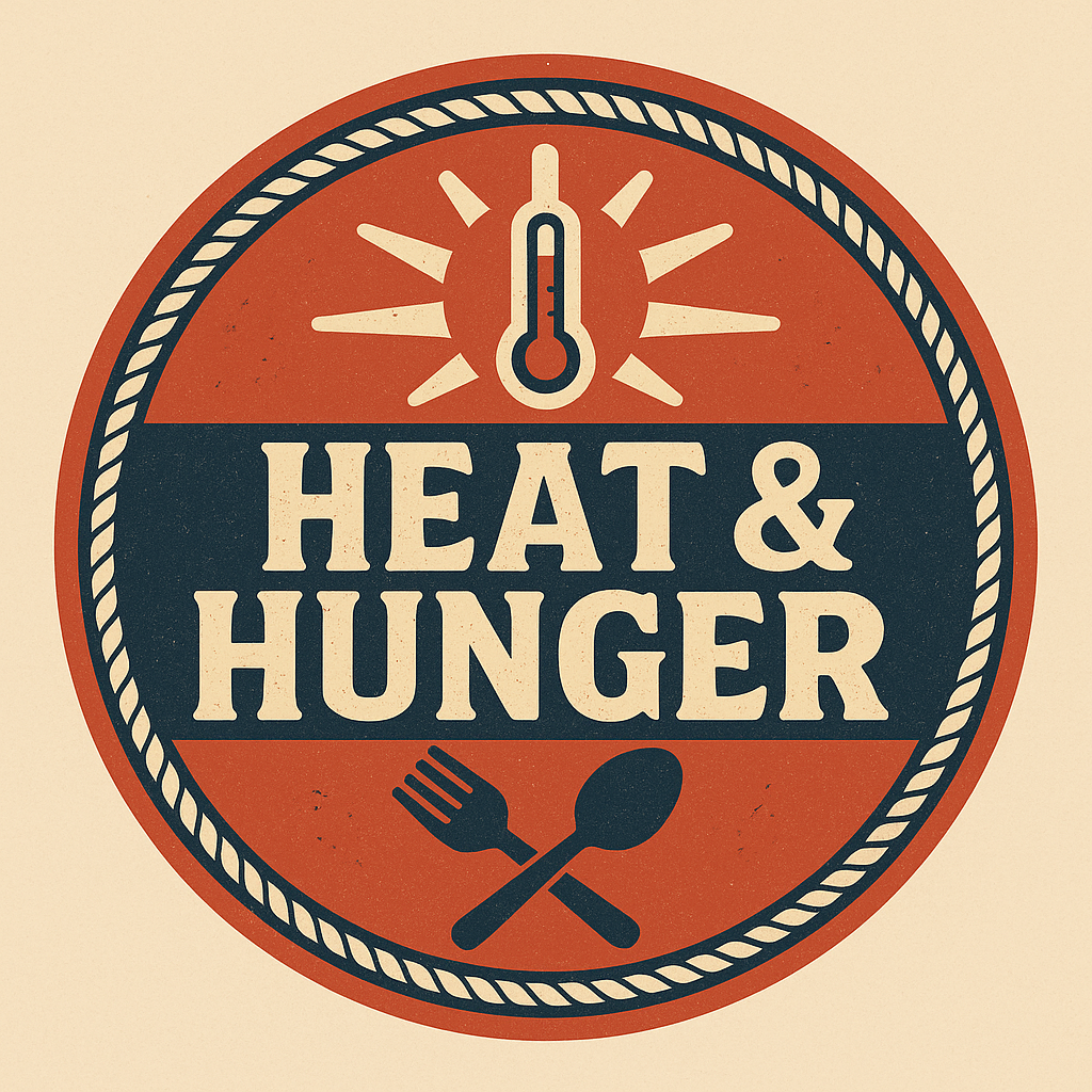 Cover art for “Heat & Hunger” from From Blocks to Blueprints, featuring a thermometer above crossed utensils within a vintage orange and navy emblem.