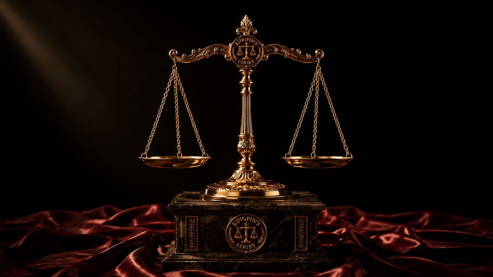 A gold courtroom scale on a black marble base with a badge reading 'Kingpin's Court,' set on a red satin fabric against a black background.