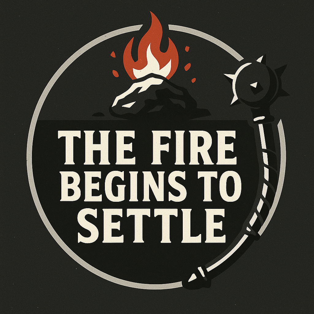 Cover art for “The Fire Begins to Settle” from From Blocks to Blueprints, featuring a burning ember and spiked mace within a dark circular emblem.