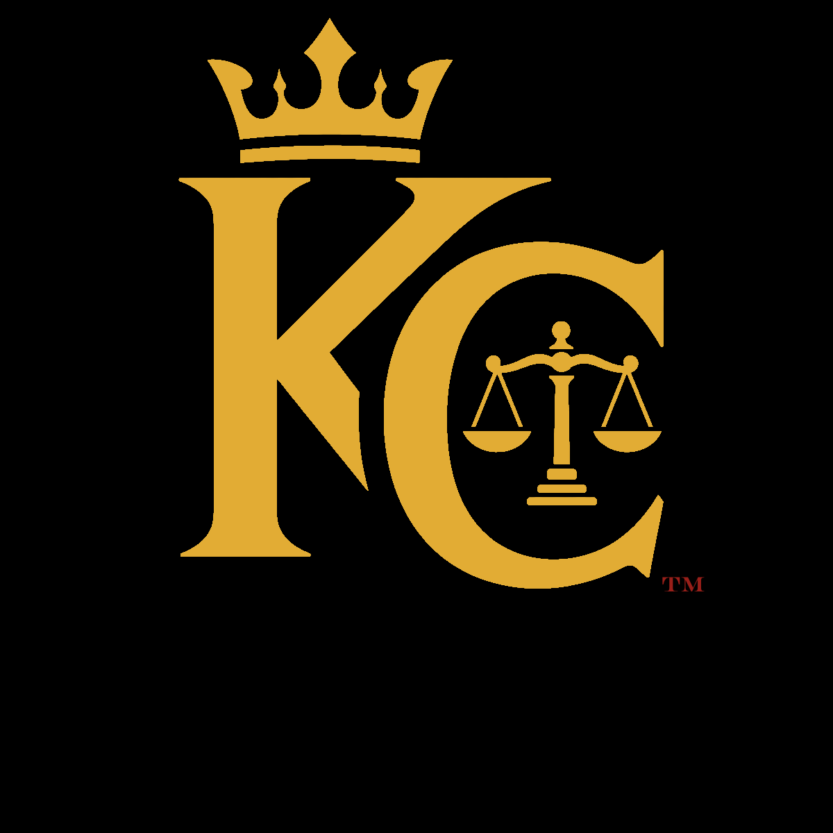 Kingpin’s Court monogram logo featuring gold “KC” initials, a crown above the K, and scales of justice inside the C.