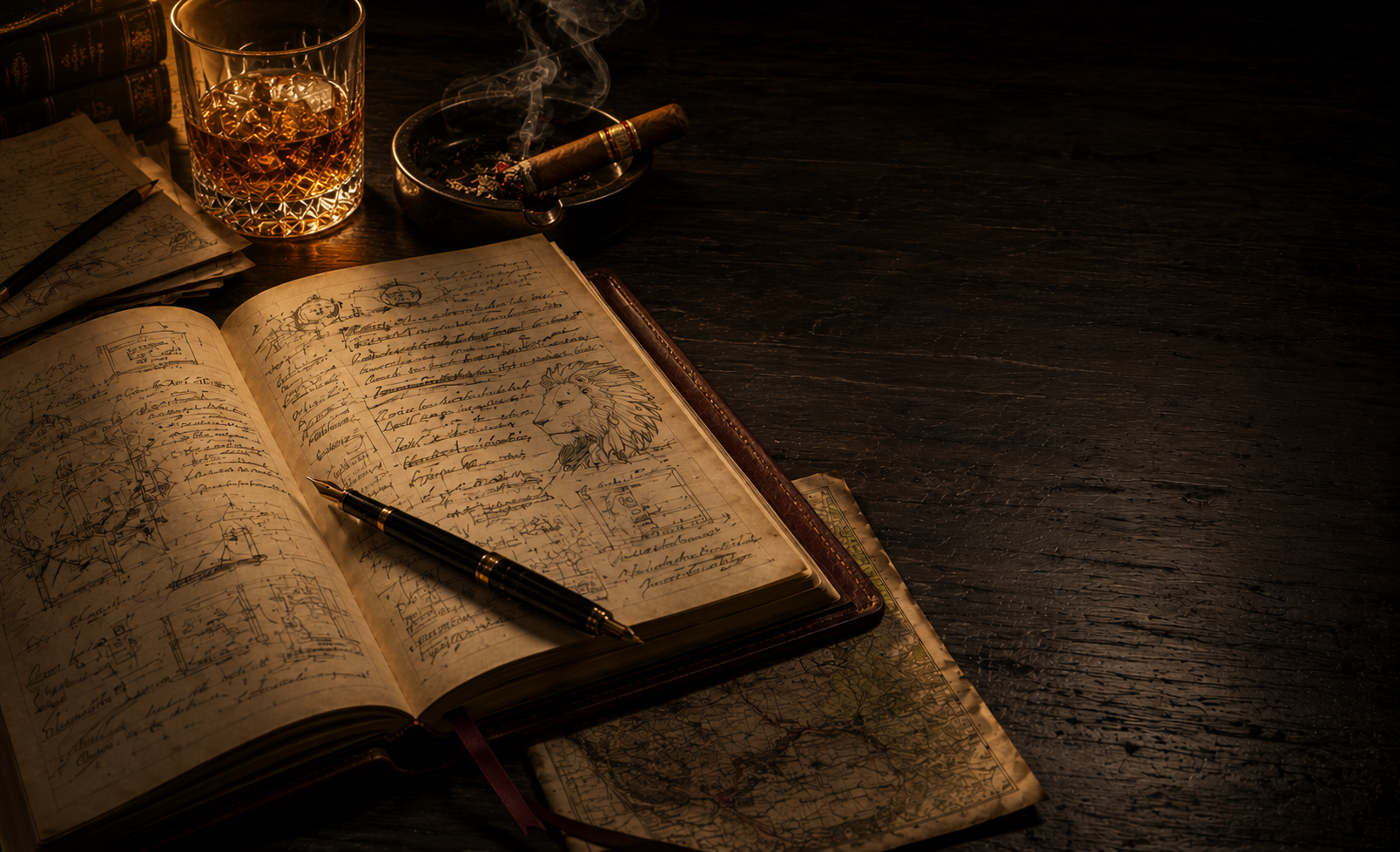 An open notebook with handwritten notes and sketches of a lion, a map, and a diagram, surrounded by other papers, a pen, a glass of whiskey with ice, and a lit cigar in an ashtray on a dark wooden surface.