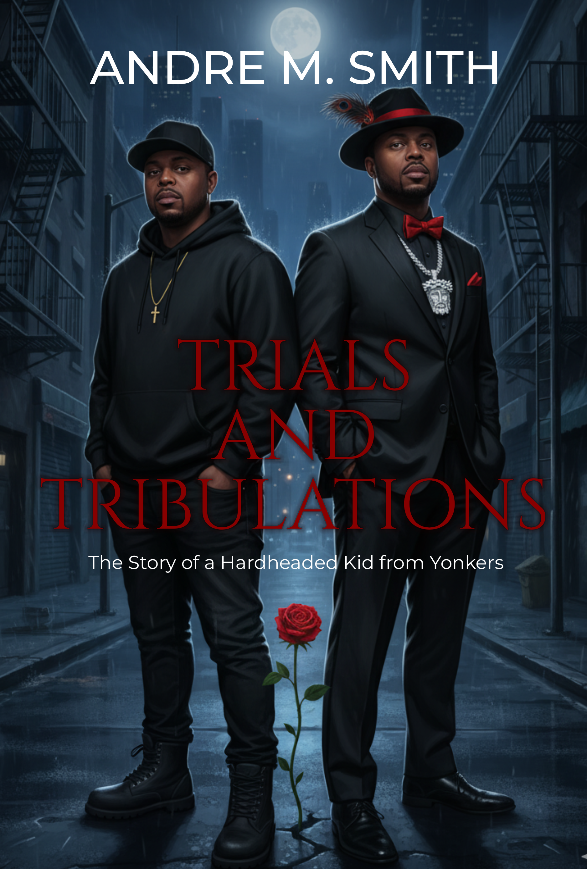 Cover of the book, Trials & Tribulations: The Story of a Hardheaded Kid from Yonkers by Andre M. Smith, featuring two versions of the author in a rainy city alley with a red rose between them.