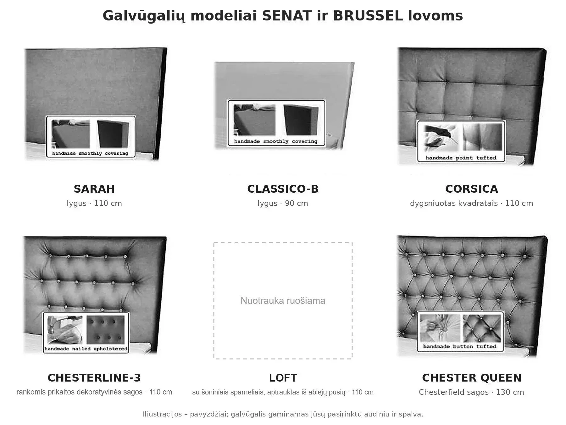 Galvūgalių modeliai: SARAH, CLASSICO-B, CORSICA, CHESTERLINE-3, LOFT, CHESTER QUEEN