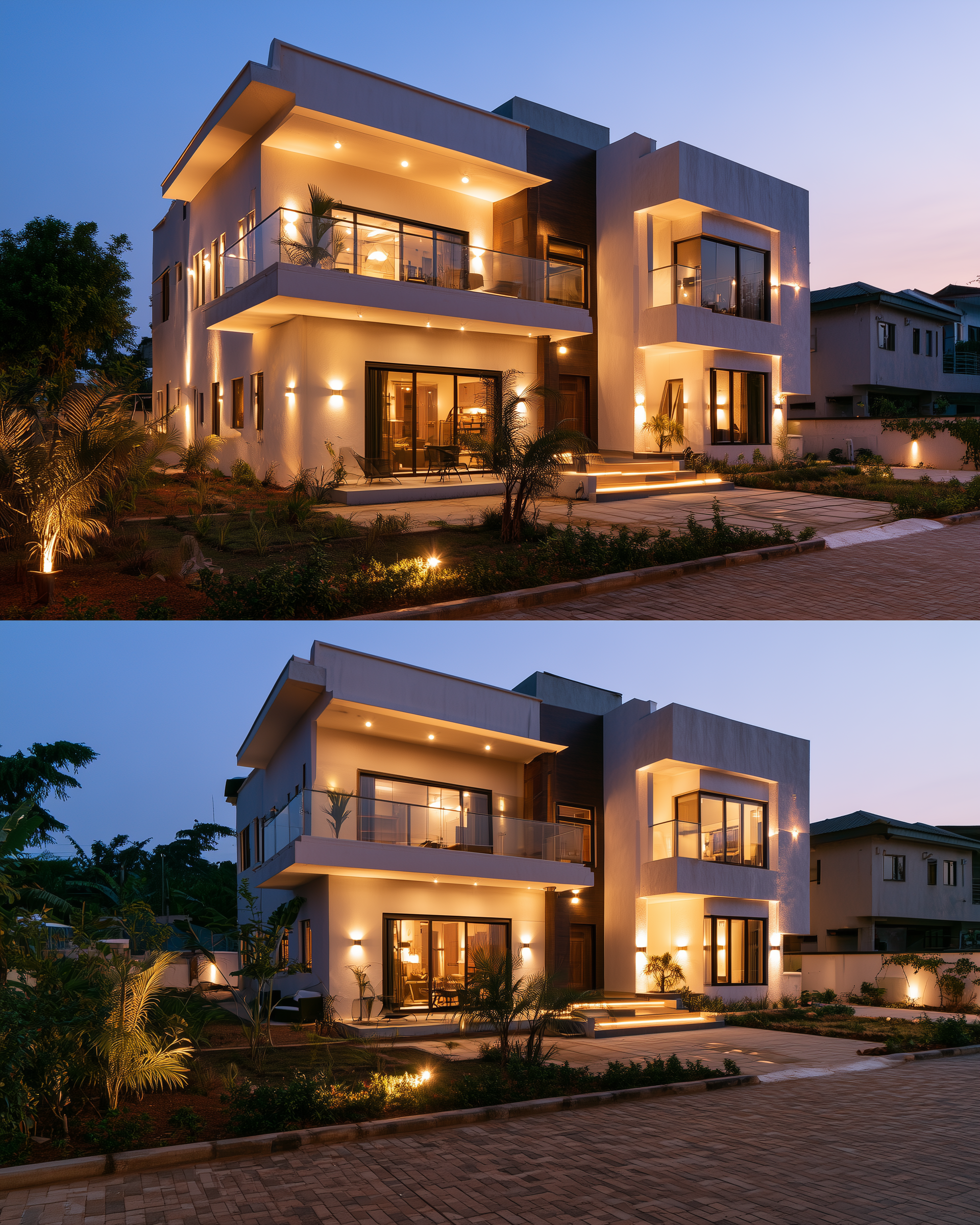 Modern multi-story house illuminated at dusk, with large glass windows and balconies, surrounded by landscaped garden with plants and lighting.
