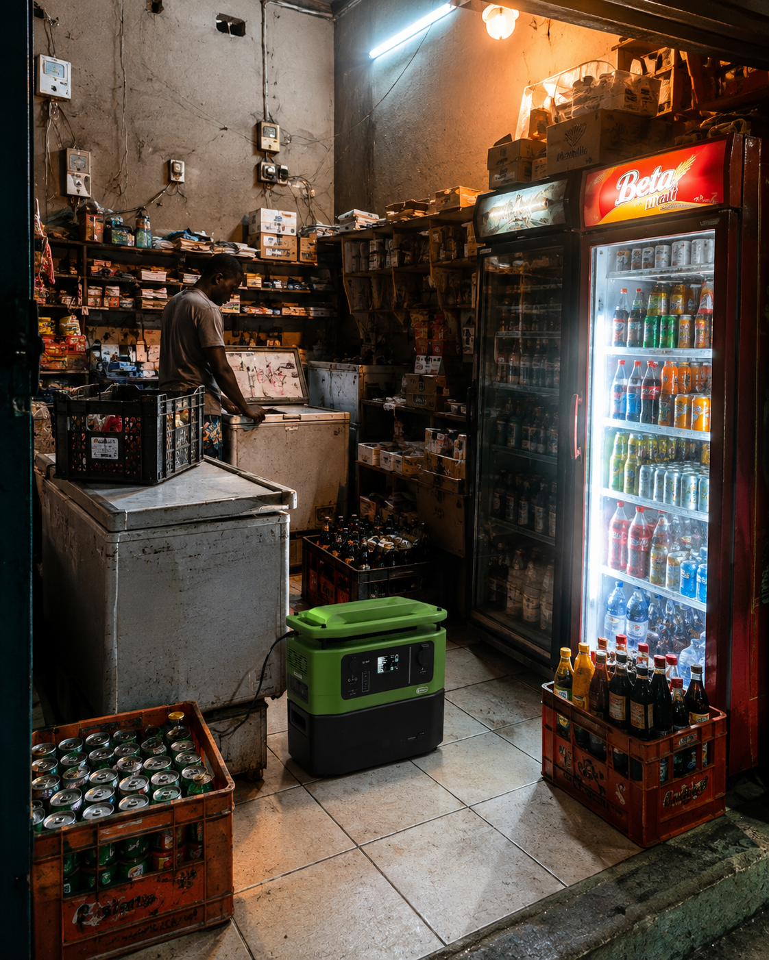 A small convenience store with a man standing by a freezer, surrounded by shelves of snacks and drinks. There are crates of soda bottles and cans, and a bright refrigerator filled with bottled beverages, all under warm lighting.