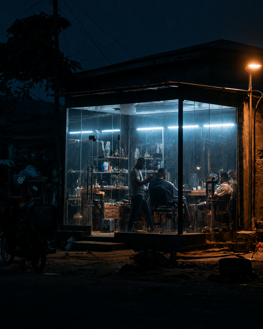 Night scene of a small barbershop with glass walls, illuminated by bright lights, inside three men are sitting in chairs getting haircuts, one man standing and looking at his phone, shelves with bottles and barber tools are visible.