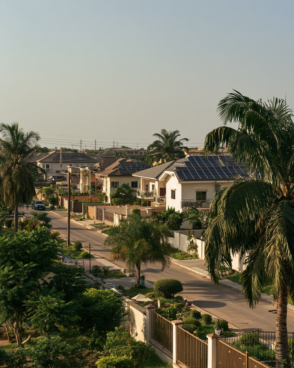 Suburban neighborhood with houses featuring solar panels on roofs and lush greenery, including palm trees, under a clear sky.