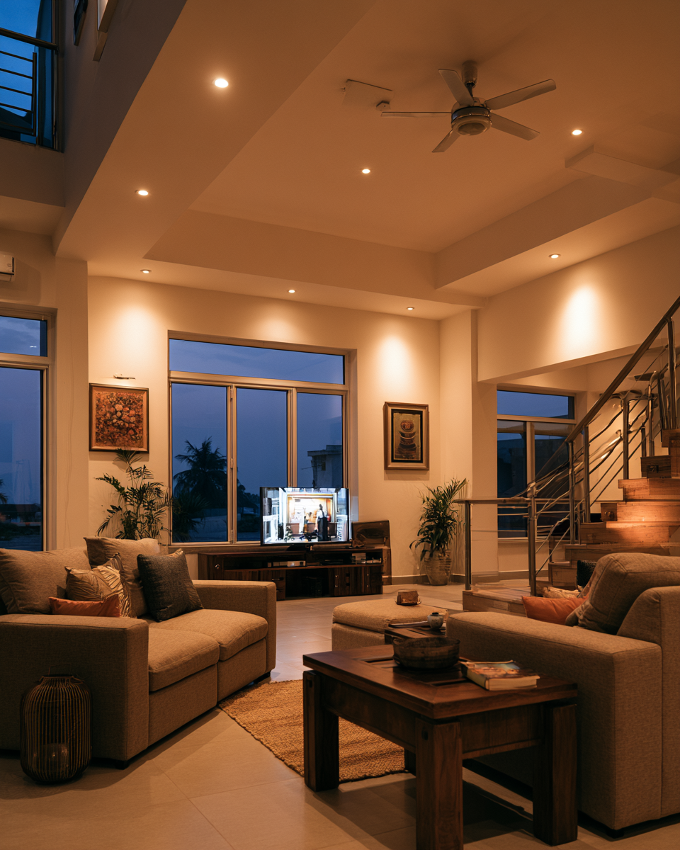 A cozy living room with beige sofas, a wood coffee table, and a TV on a stand. Large windows show a dark sky outside. The room is lit by ceiling lights, and there are plants and framed artwork on the walls. A staircase is visible on the right side.