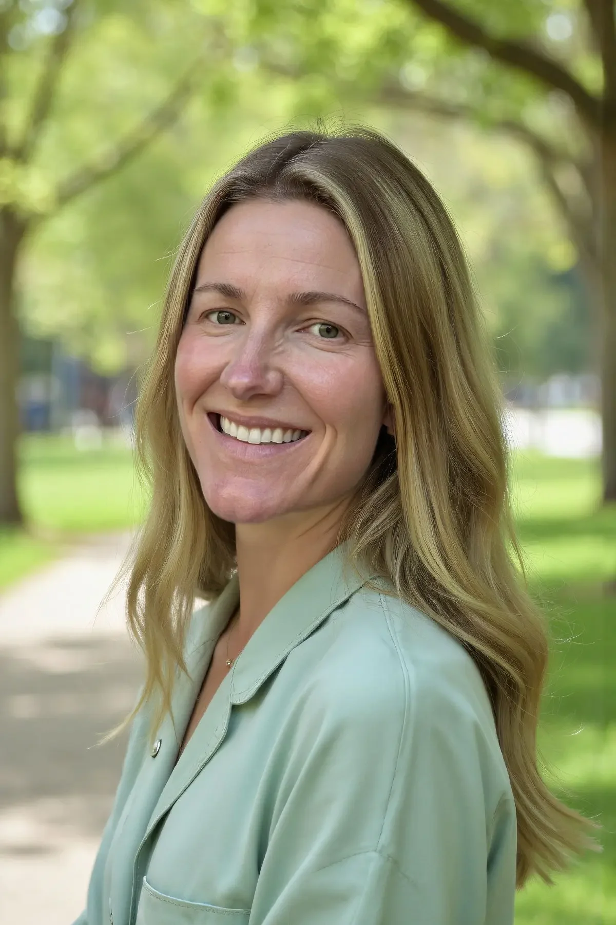 A headshot of Mackenzie Soderquist, with long blonde hair and green eyes smiling outdoors in a park with trees and greenery in the background.