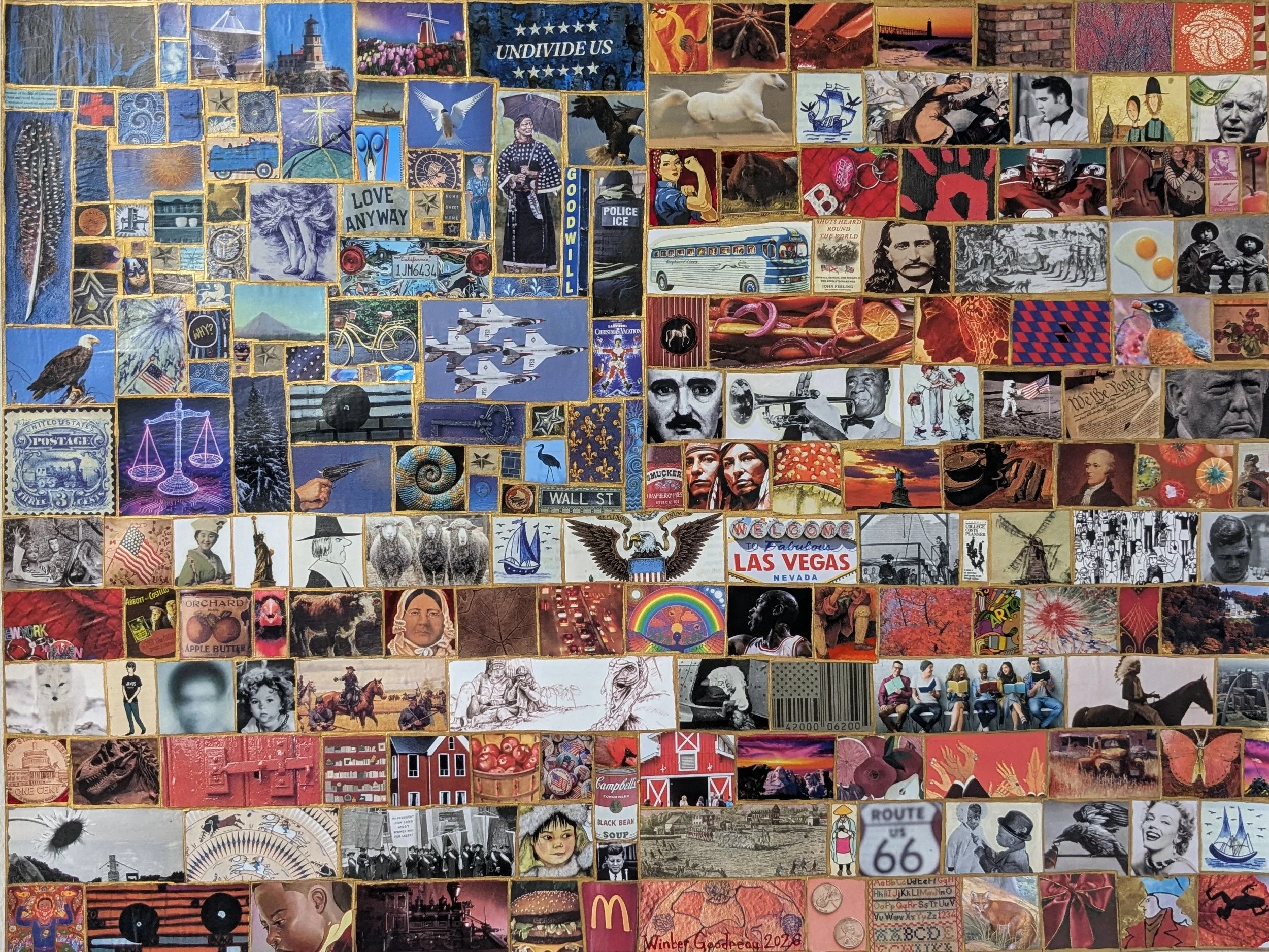"United"
Full collage with gold India ink borders on cotton paper
18" x 24"
2026