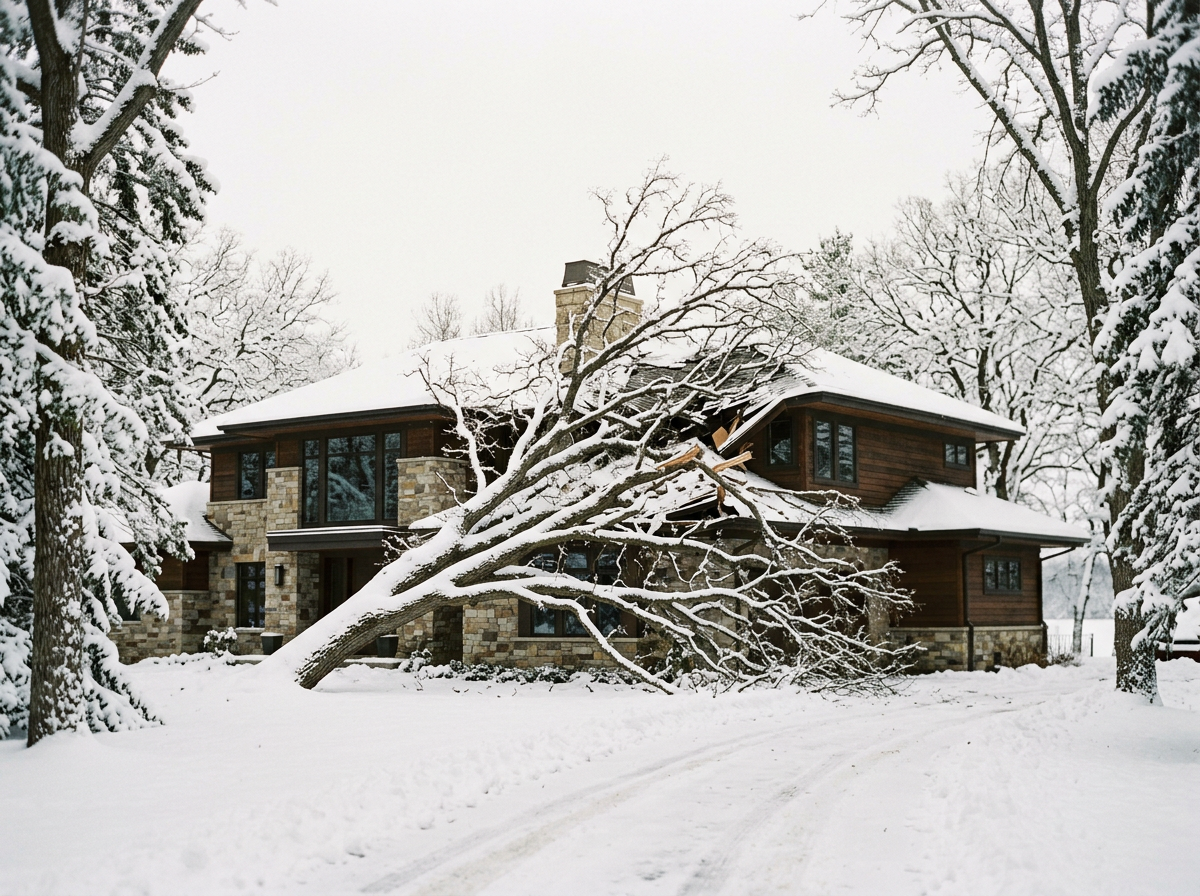 A large house with stone and wood exterior, fallen snow, and a large snow-covered tree leaning on the house in winter.