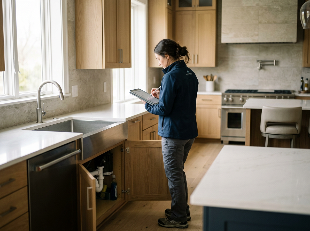 A woman in a navy jacket is standing in a modern kitchen with wooden cabinets, using a tablet or notebook. The kitchen has a large window, a stainless steel sink, a stove, and a white countertop island.