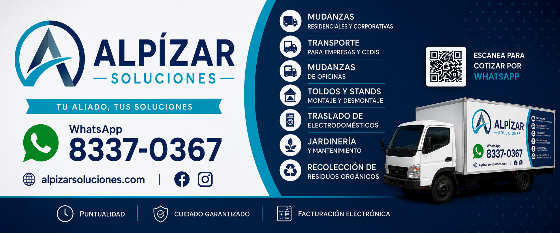 Publicidad de una empresa de mudanzas llamada Alpizar Soluciones, que ofrece servicios de mudanzas residenciales y corporativas, transporte para empresas, oficinas, montajes y desmontajes de toldos y stands, traslado de electrodomésticos, jardinería y mantenimiento, recolección de residuos orgánicos. Incluye un camión de mudanzas y un código QR para cotizaciones por WhatsApp. Información de contacto: WhatsApp 8337-0367, sitio web alpizar soluciones.com, redes sociales Facebook e Instagram. La publicidad destaca la puntualidad, cuidado garantizado y facturación electrónica.