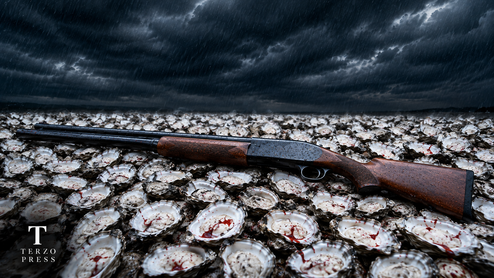 Shotgun lying among oyster shells beneath a stormy sky.