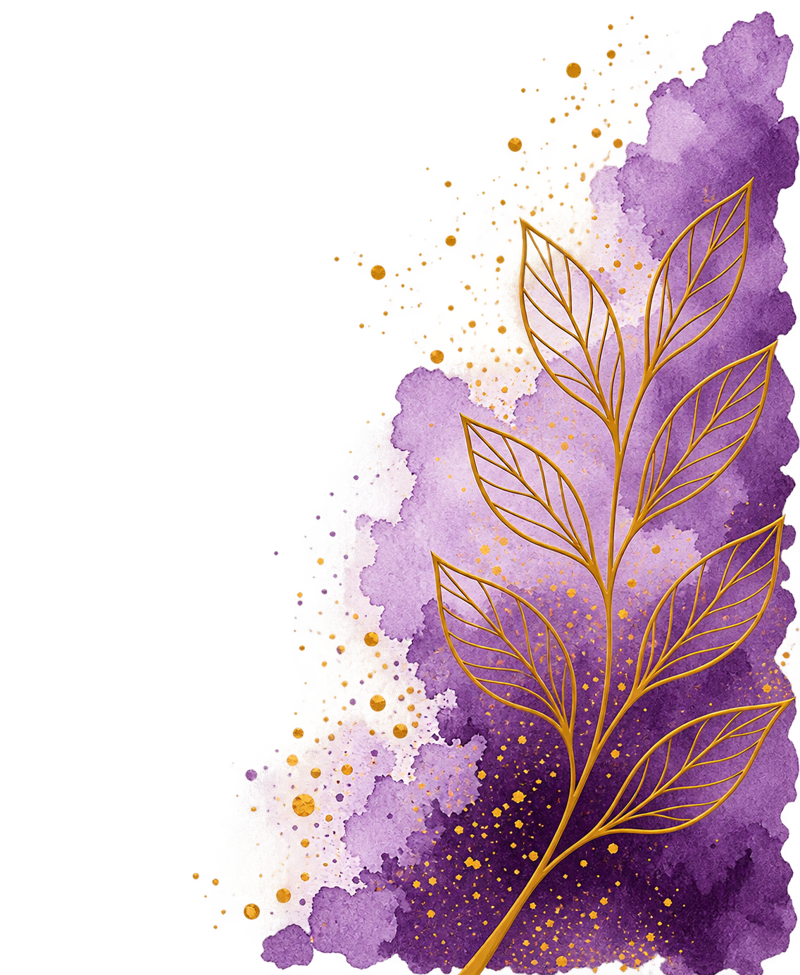 Abstract digital art featuring a watercolor purple background with gold leaf outlines of a plant and gold splatters.