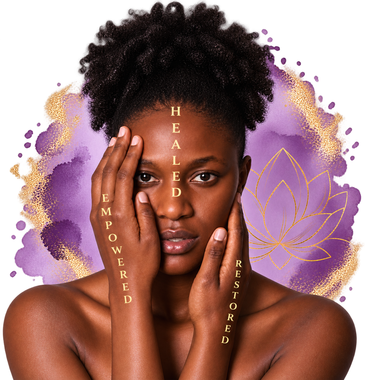 A woman with natural curly hair poses with her hands on her face, one covering her eye. The words "HEALDED" are written vertically on her forehead, "EMPOWERED" on her left arm, and "RESTARED" on her right arm. The background features purple watercolor splashes and a gold line drawing of a lotus flower.