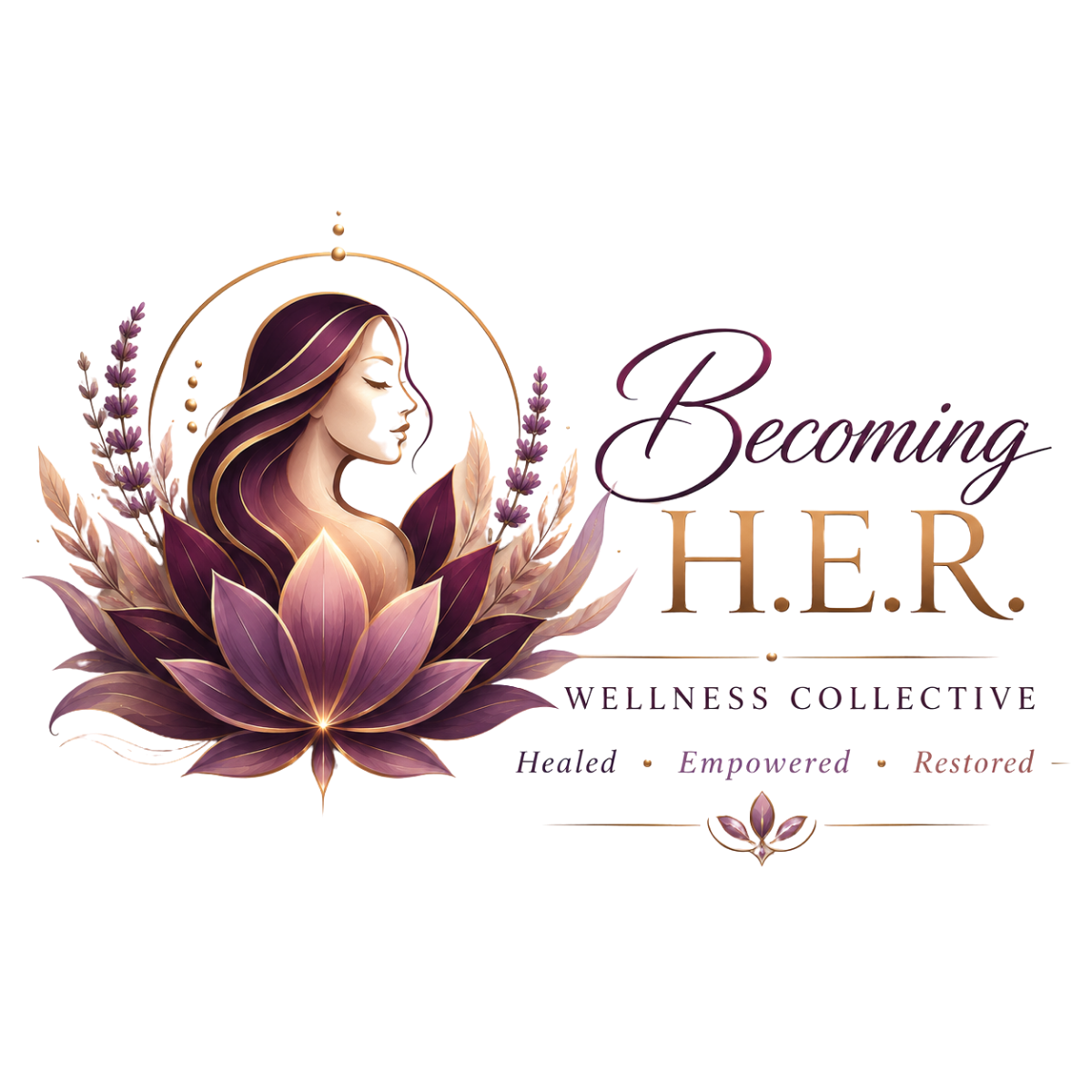 Artwork of a woman with long dark hair and highlights, with her eyes closed, surrounded by purple and pink lotus flowers, with the words 'Becoming L.I.F.E.R' and additional text about healing and empowerment.