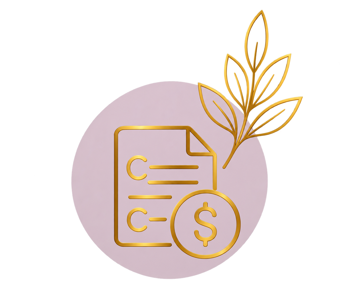 Stylized icon of a document with currency symbols, a dollar coin, and a plant branch with leaves, representing financial or economic growth.