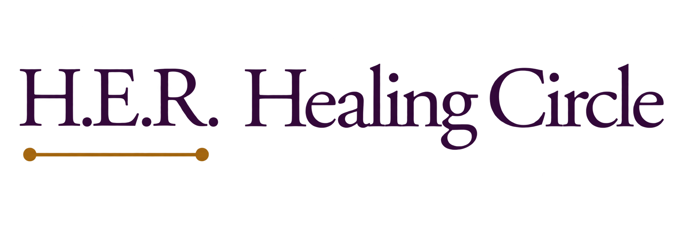 Logo for H.E.R. Healing Circle with purple text and a horizontal line with colored dots beneath