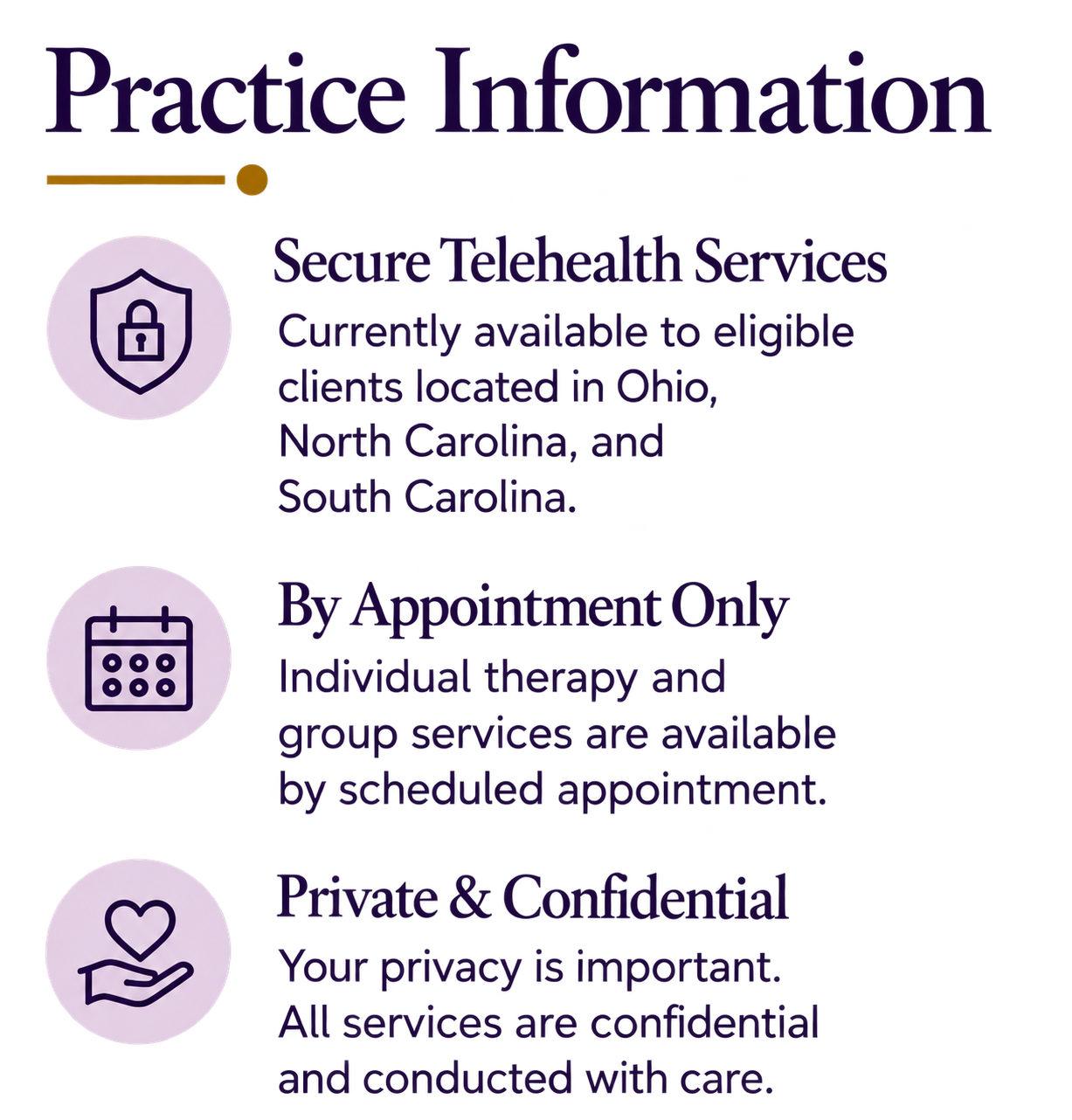 Practice information poster with icons for secure telehealth services, appointment scheduling, and privacy, indicating services available to eligible clients in Ohio, North Carolina, and South Carolina, with details about confidentiality and professional conduct.