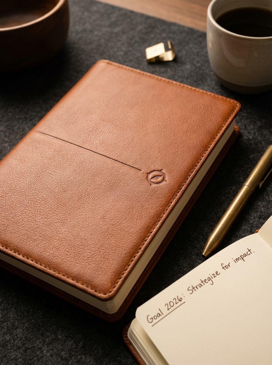 A leather-bound notebook, a gold pen, a cup of coffee, a small gold clip, and a planner open to a page that reads 'Goal 2026: Strategize for impact' on a dark surface.