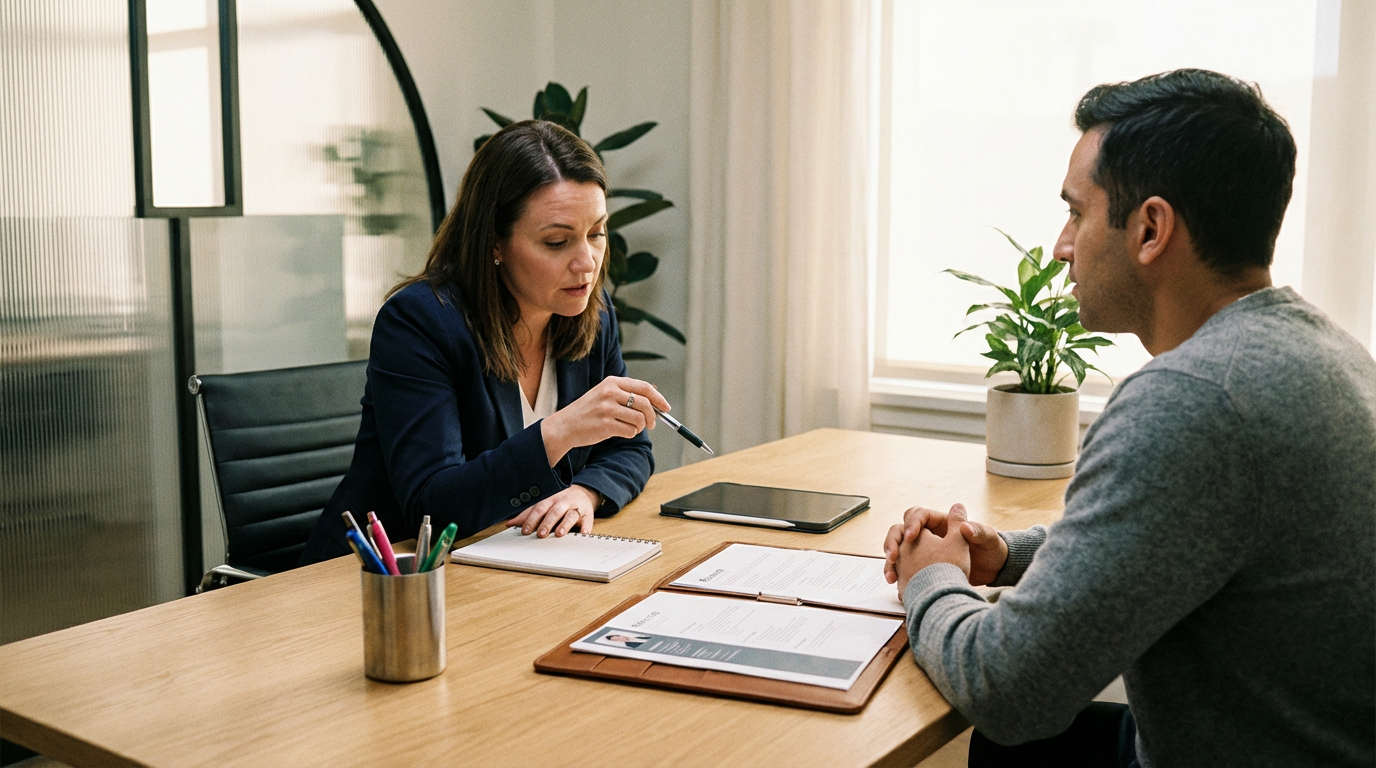 A woman in a navy blazer is conducting a job interview with a man in a gray sweater in an office. She is taking notes and the man is sitting with hands clasped on the table. There are notebooks, a tablet, pens, and a potted plant on the table.