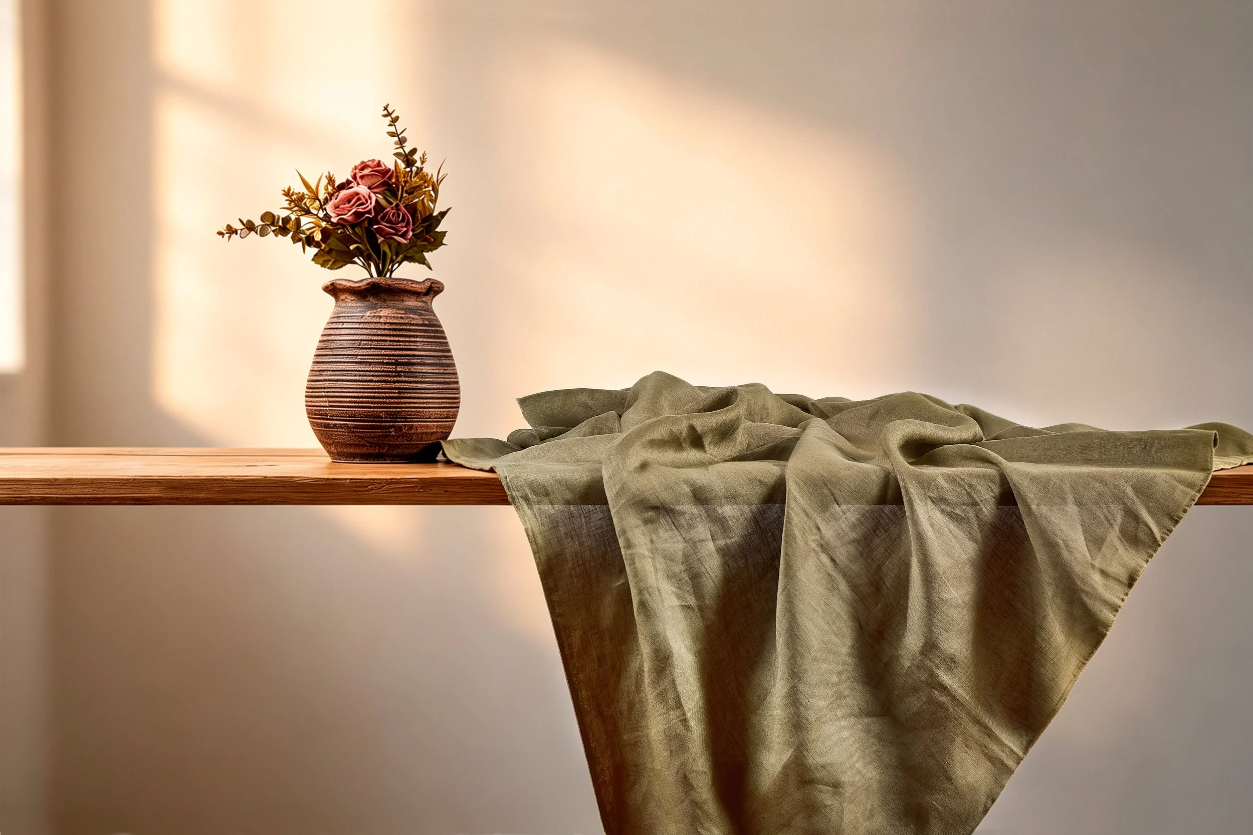 Dark moss green pure linen fabric drape with natural slub texture, wholesale high quality apparel linen supplier Novweave.