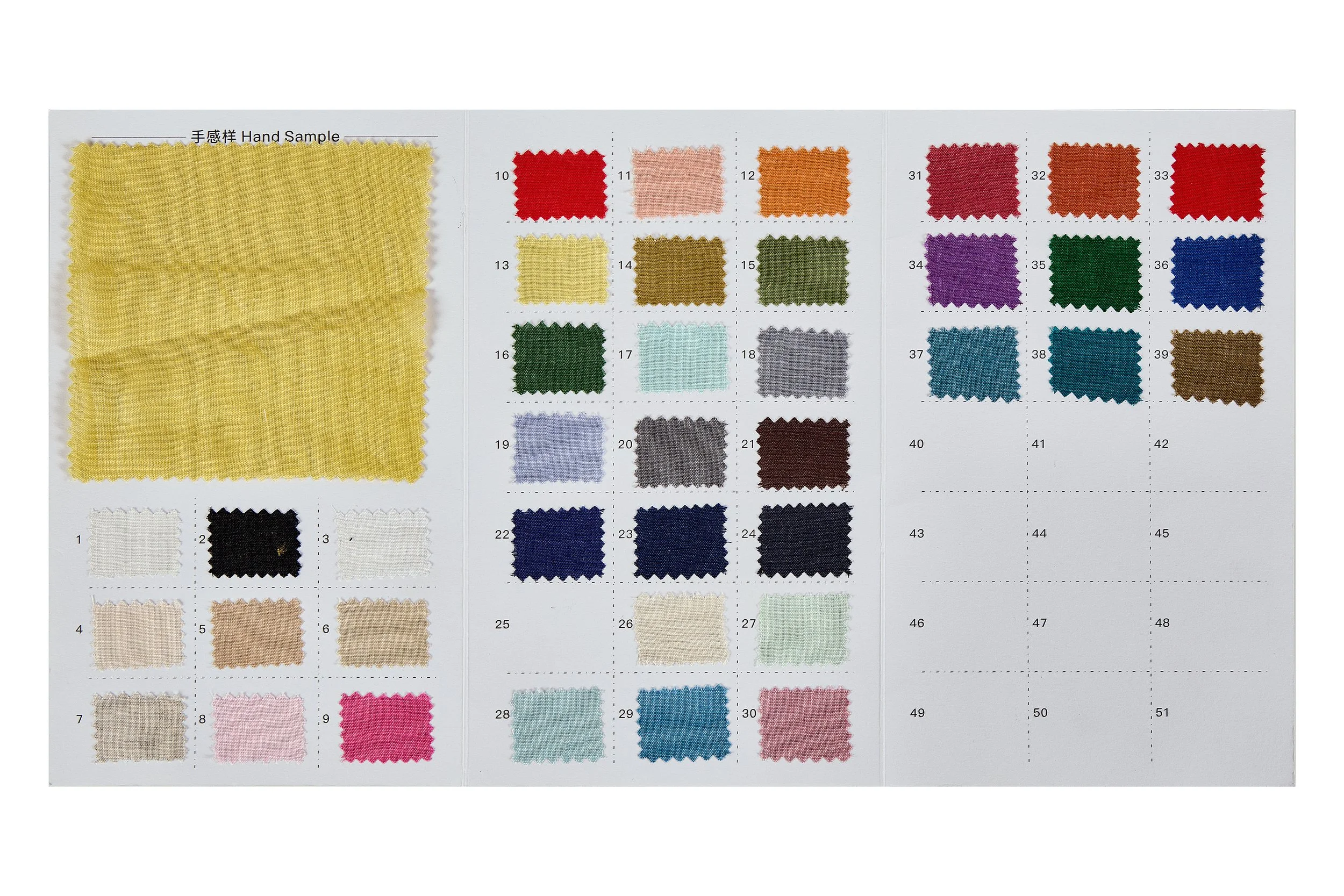 High count pure linen fabric color swatch chart with tactile hand sample for B2B wholesale sourcing
