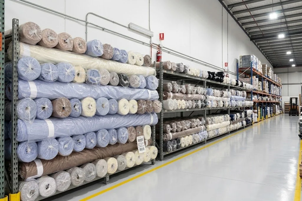 Novweave global warehouse storing bulk rolls of woven greige and finished linen fabrics for wholesale export
