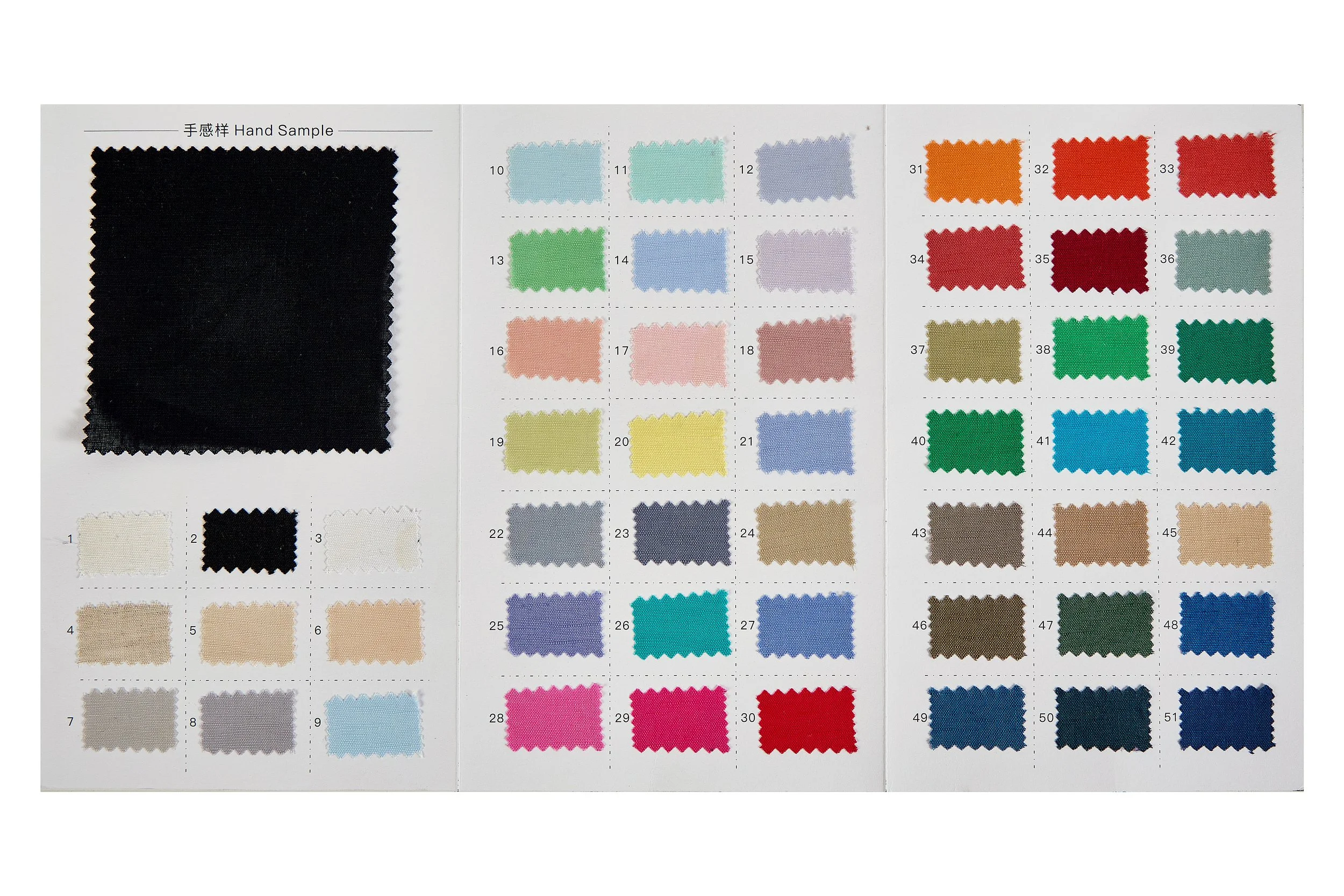 Complete 51-color swatch book for 55 linen 45 cotton fabric wholesale with black hand feel sample for OEM textile orders.