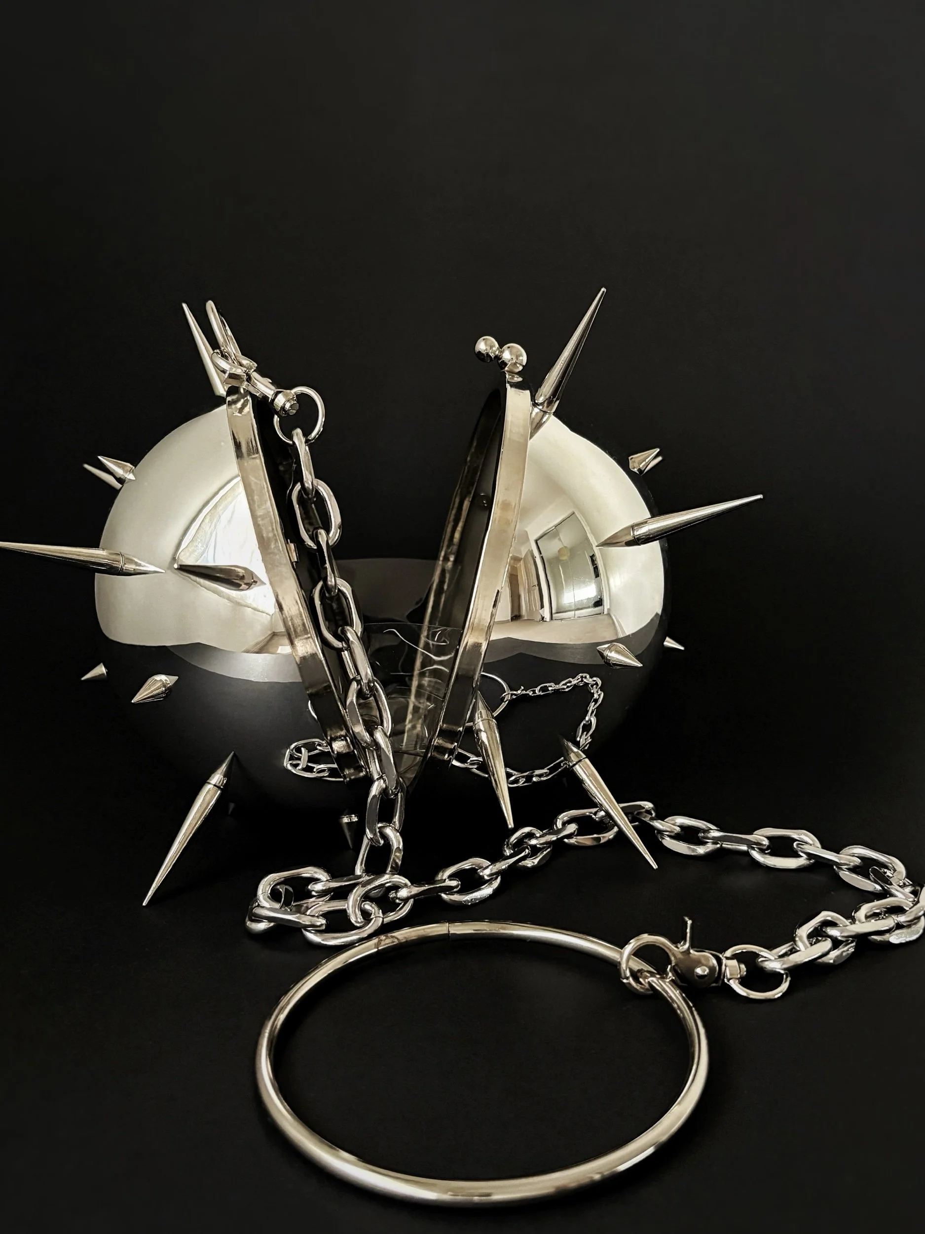 Spiked MORNINGSTAR chrome flail hand bag with chunky silver chain showing opened bag