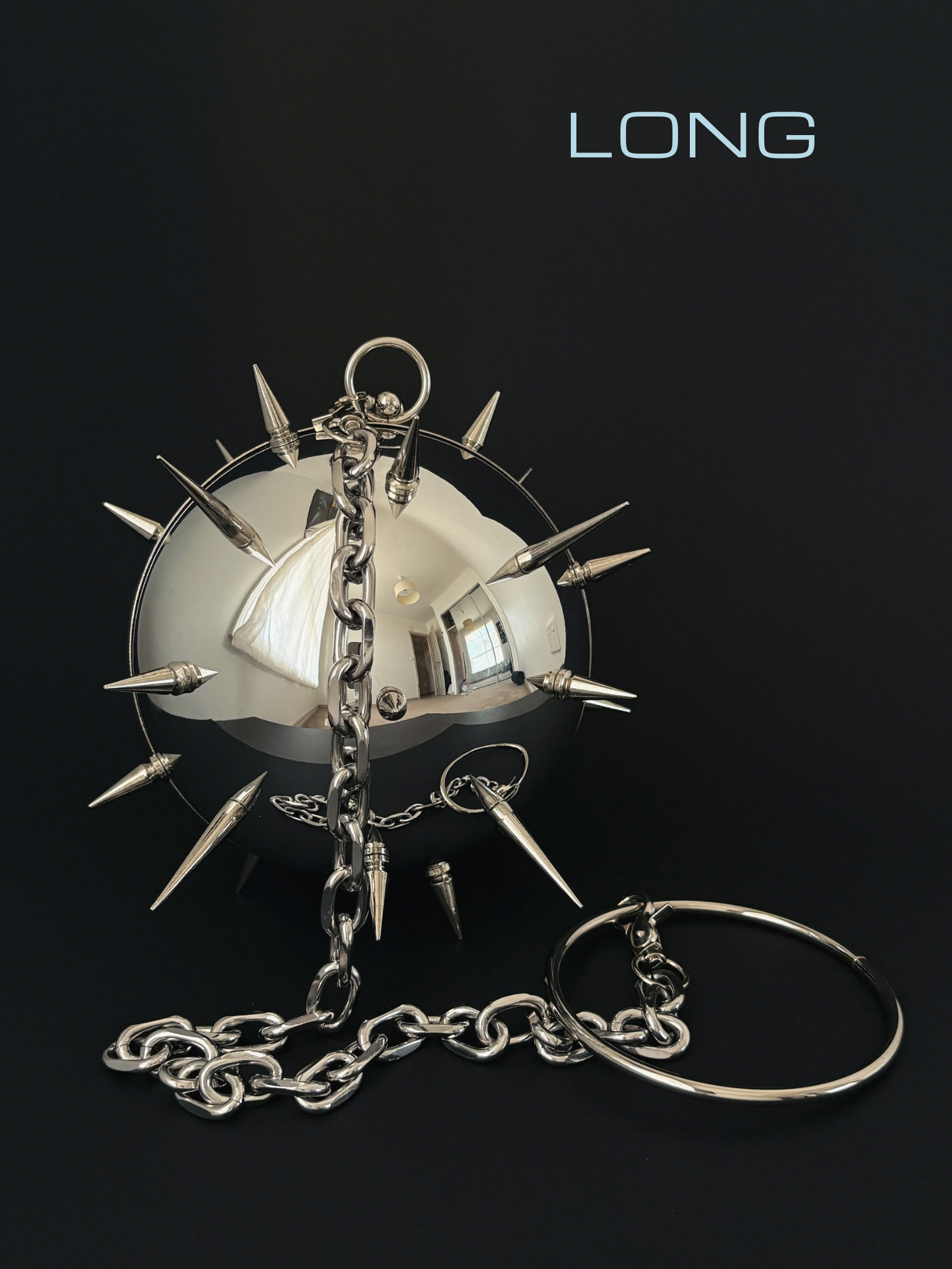 Spiked MORNINGSTAR chrome flail hand bag with chunky silver chain, showcasing the long studded version