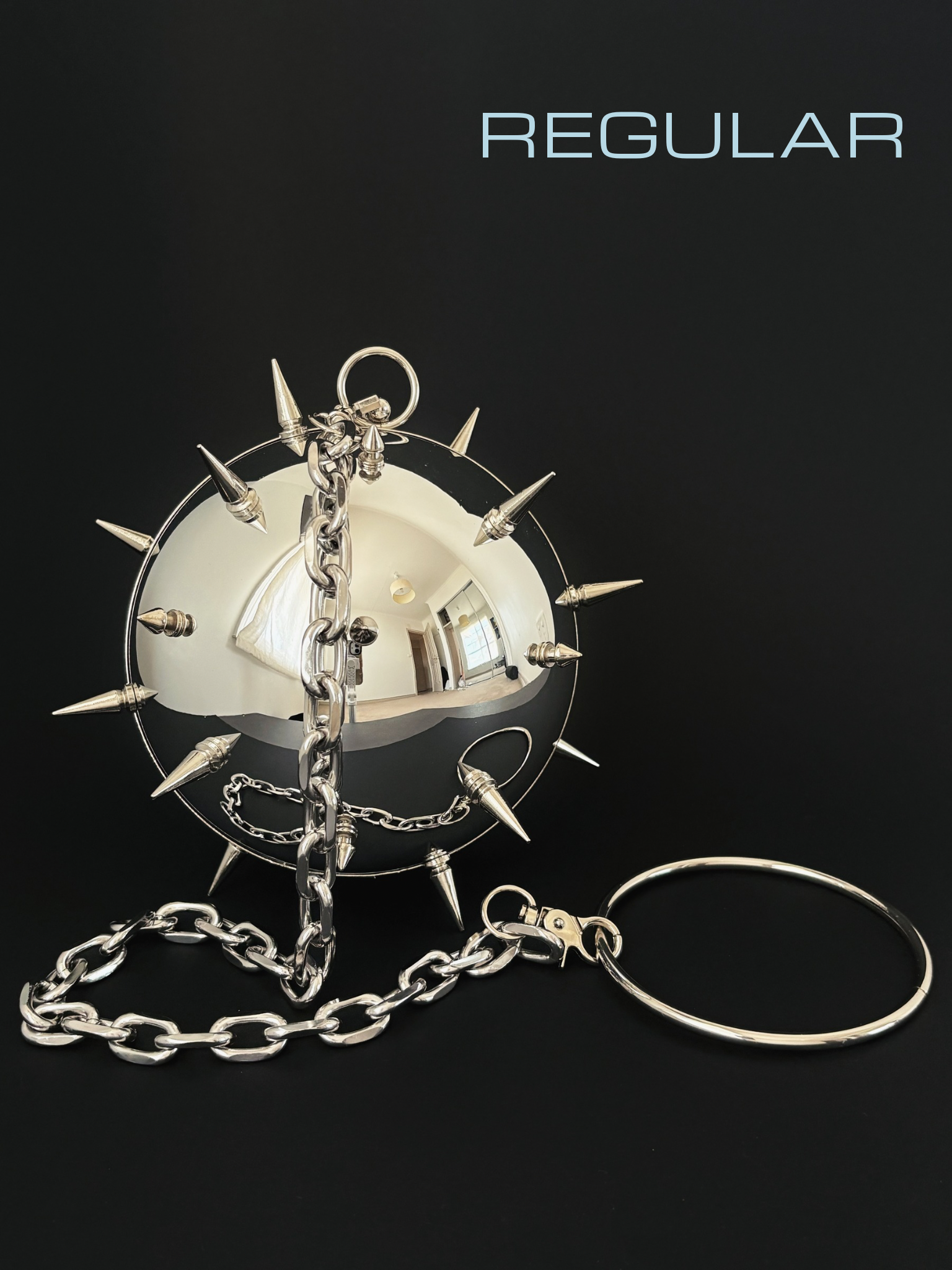 Spiked MORNINGSTAR chrome flail hand bag with chunky silver chain, showcasing the regular studded version