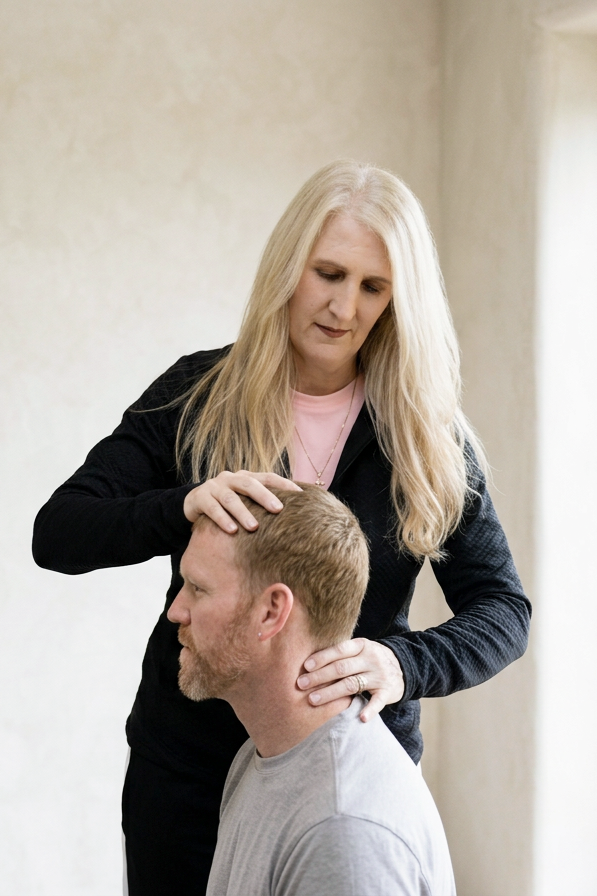 Dr Kay Miller performing a gentle cervical adjustment on a patient.