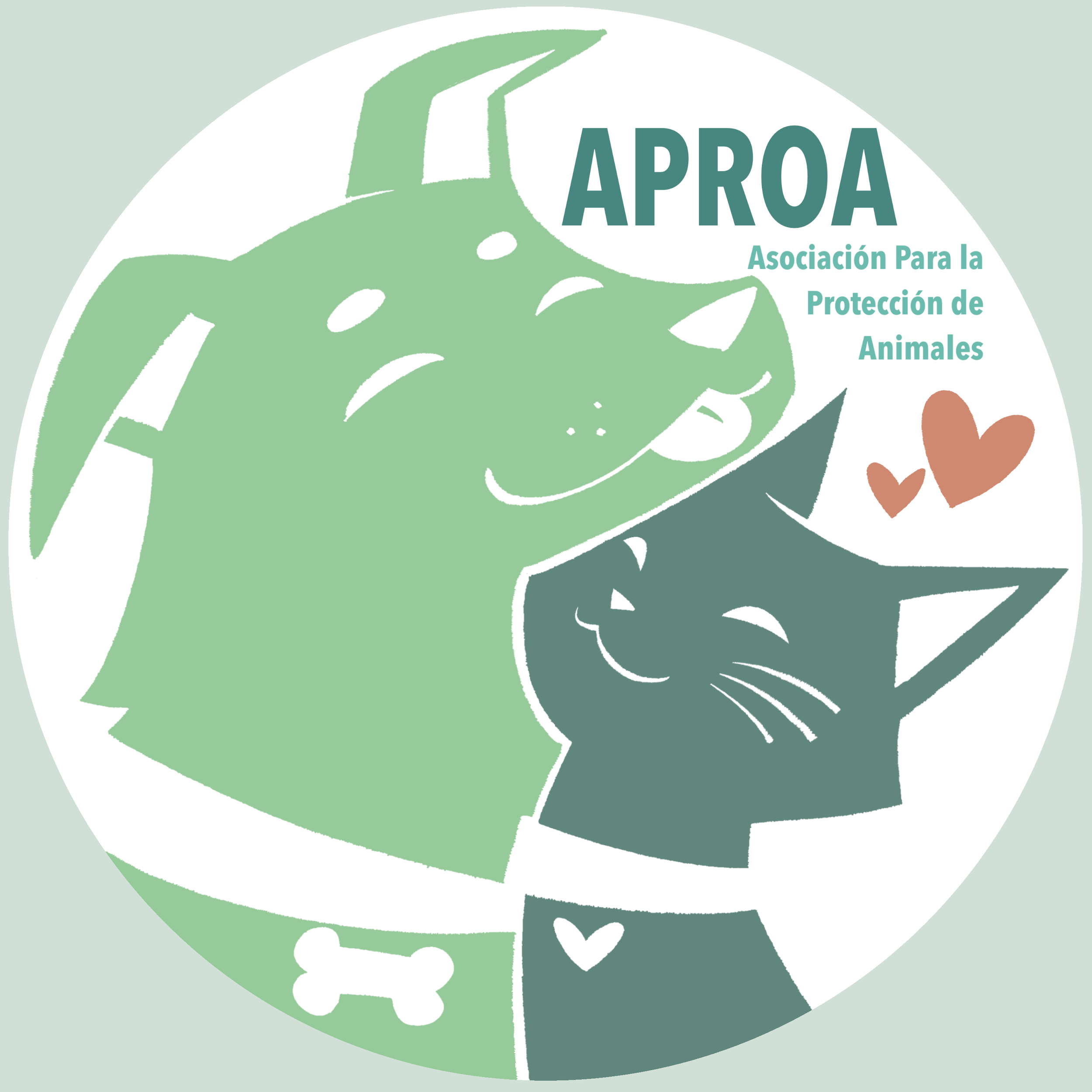 Logo de la Asociación Para la Protección de Animales (APROA), con una ilustración estilizada de la cabeza de un perro en color verde y texto en tonos verdes, sobre fondo blanco con detalles en verde menta.