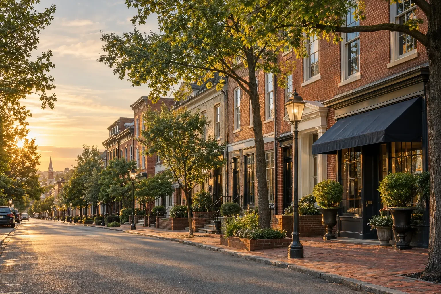 Illustrative historic downtown Fredericksburg, Virginia streetscape with brick buildings