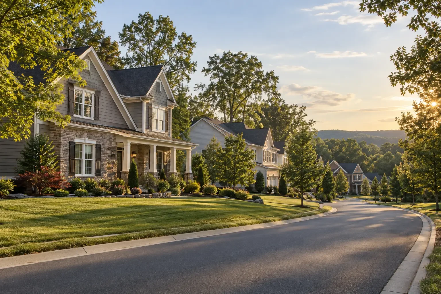 Illustrative Stafford County, Virginia neighborhood with wooded hills and modern homes