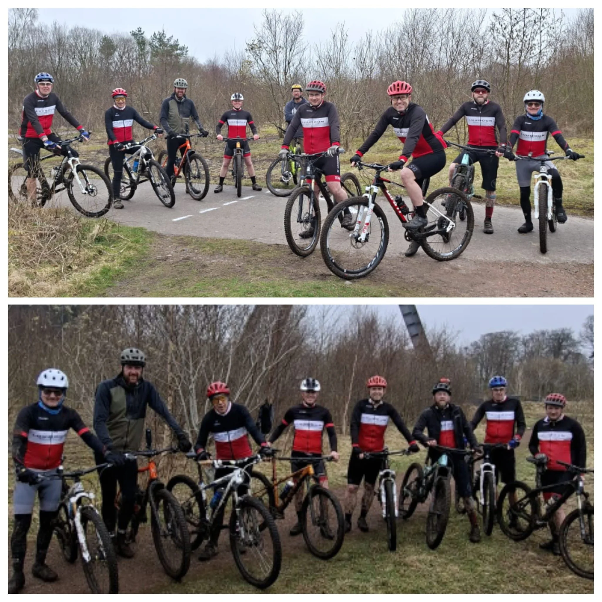 A group of people dressed in cycling gear with helmets, standing with their mountain bikes outdoors, on a trail near a wooded area.