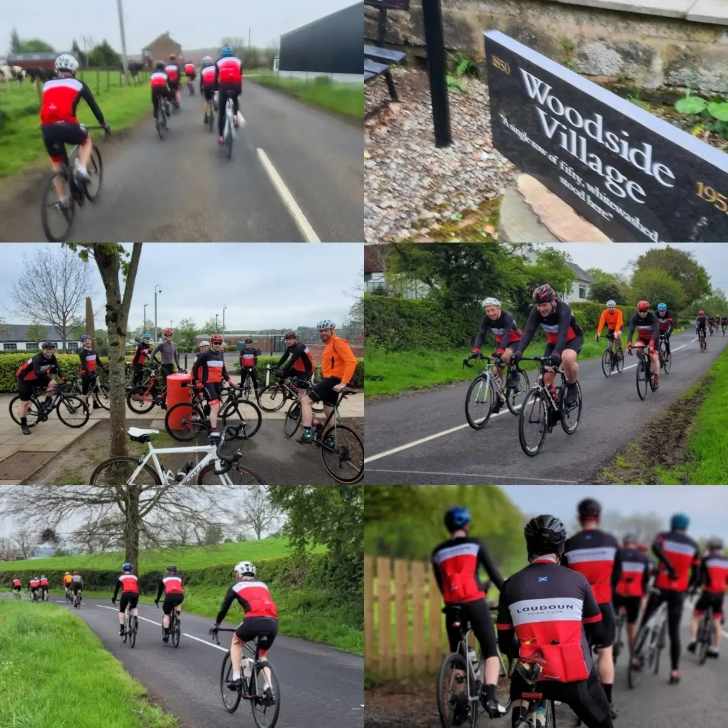Group of cyclists riding through rural areas and city streets, some stopping and gathering, with a sign for Woodsides Village in the background.