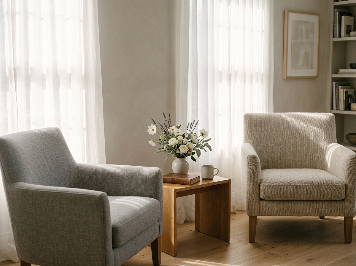 Peaceful seating area representing a private mediumship reading and spiritual connection