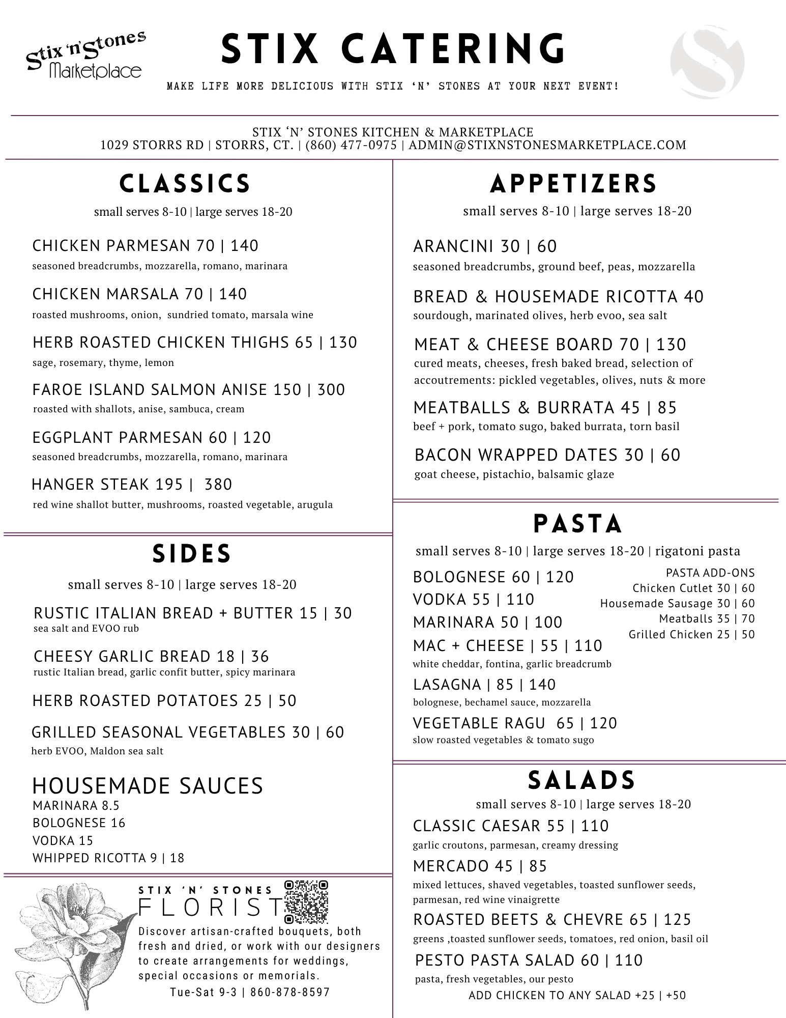 Menu for Stix n' Stones Marketplace and Kitchen with sections for Classics, Appetizers, Sides, Pasta, and Salads, listing dishes and prices, including items like Chicken Parmesan, Arancini, Bolognese, and Caesar Salad.