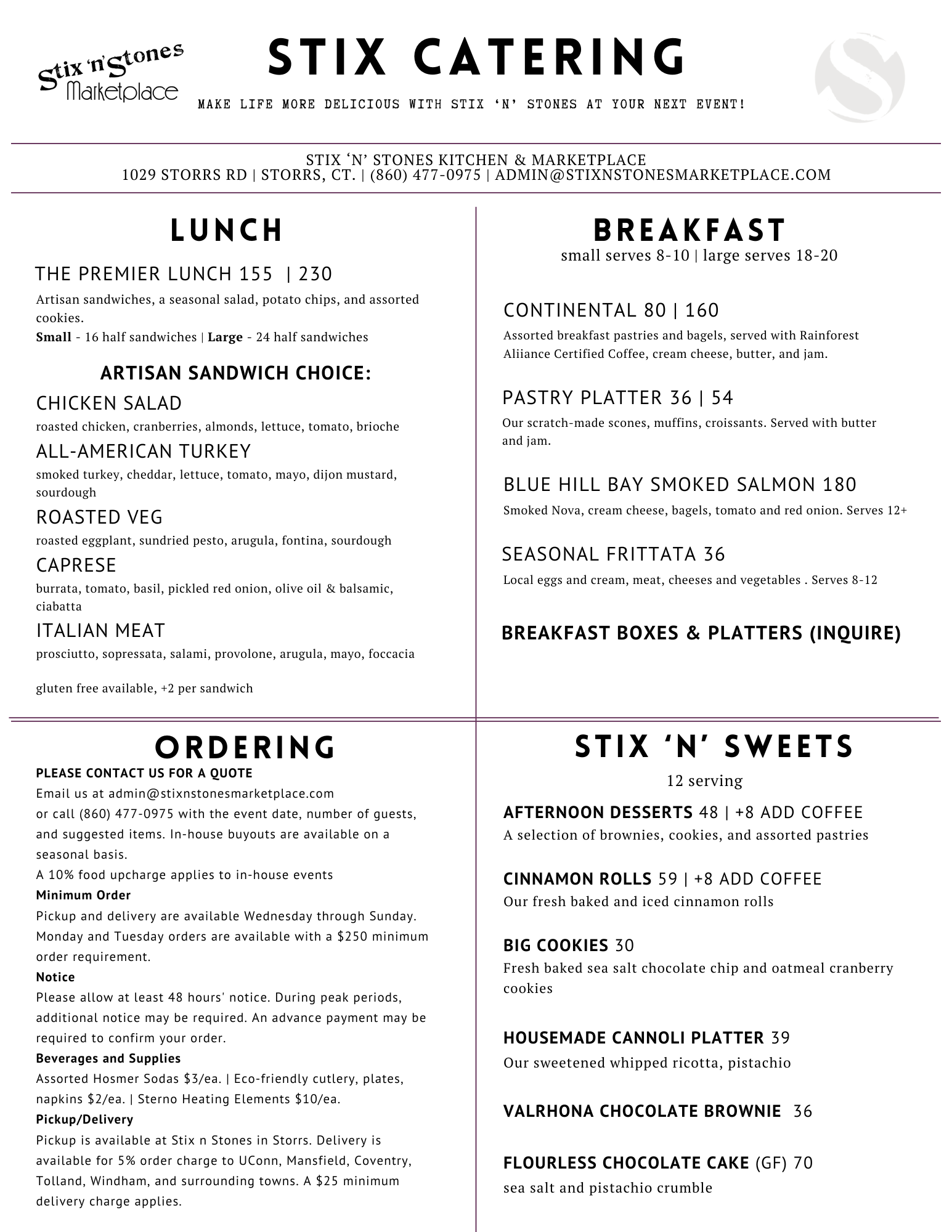 Menu for Stix 'n' Stones catering, featuring lunch options like artisan sandwiches, salads, and assorted cookies, and breakfast items including pastries, bagels, smoked salmon, frittatas, cinnamon rolls, cookies, and desserts.