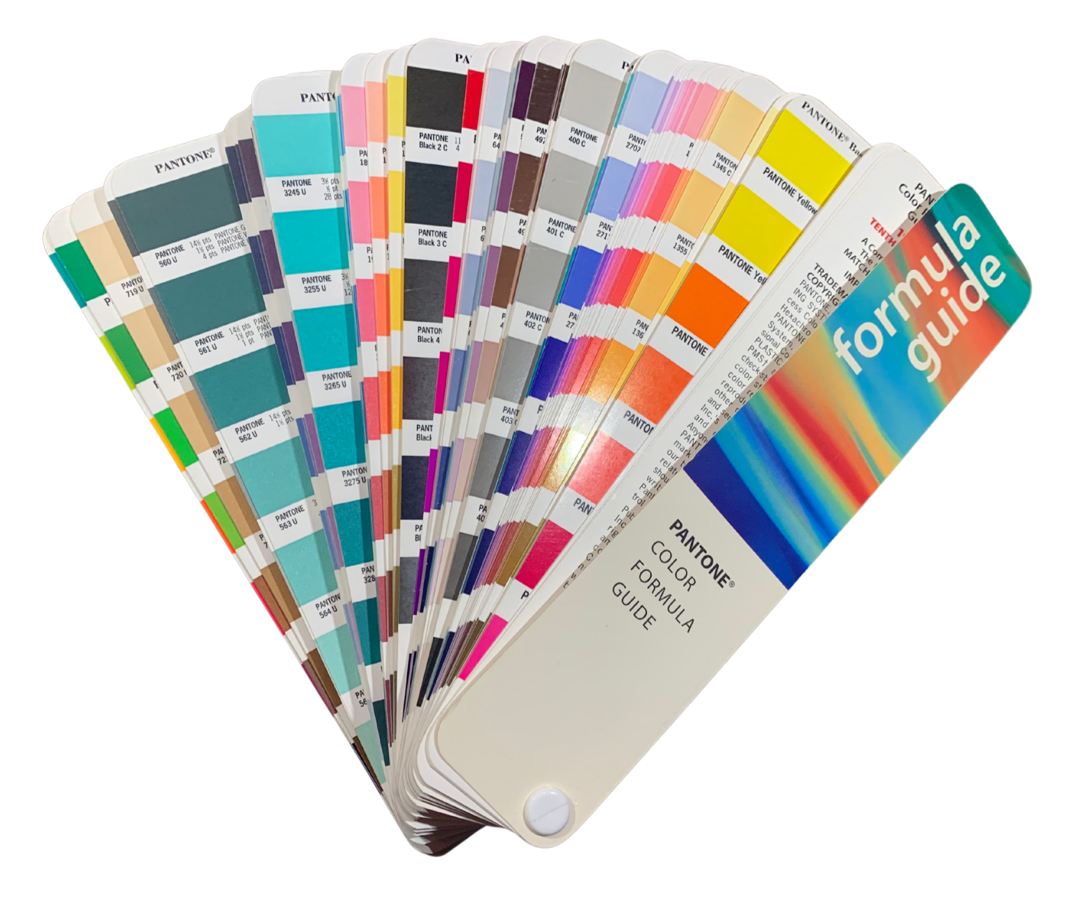 A Pantone color formula guide fan deck showing multiple color swatches with color codes.